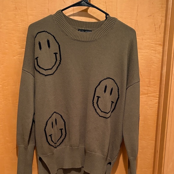 Olive Smiley Face Crewneck Sweater - Picture 1 of 4